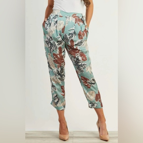 Eloise Pants Women 1 Mustard Yellow Grey Floral Print Smocked Elastic Cotton - Picture 15 of 16